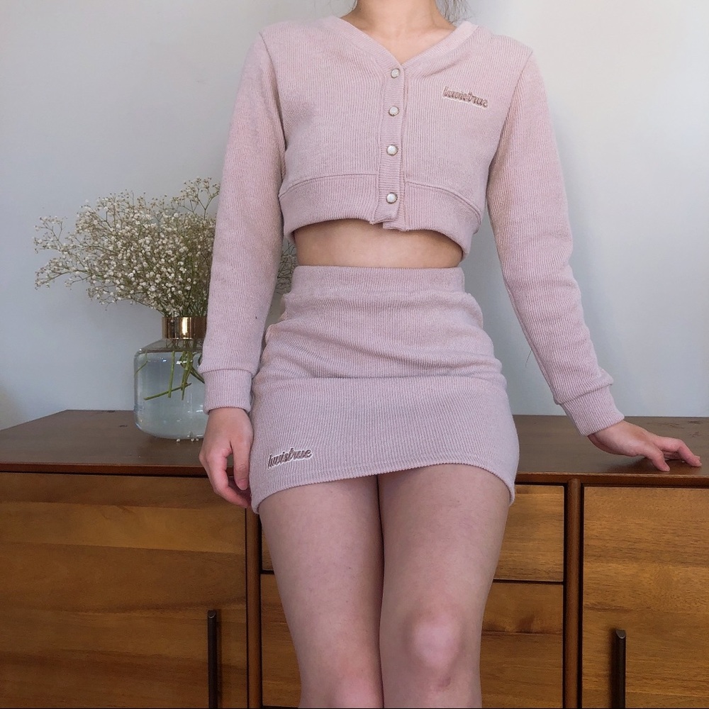 Nude pink crop cardigan and skirt set